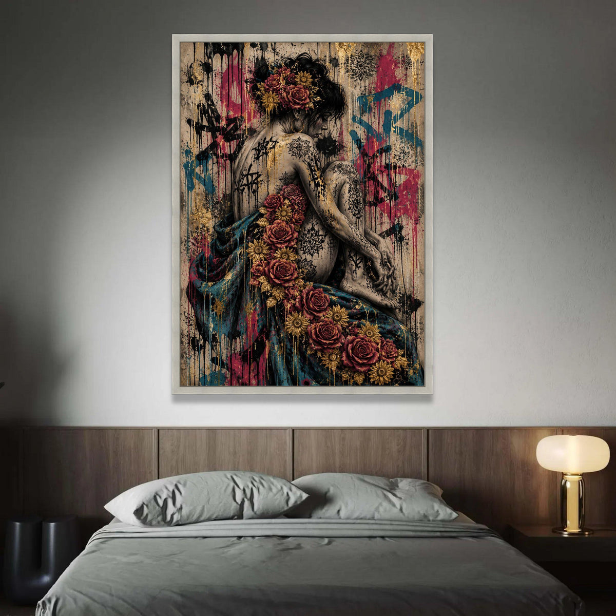 Floral Tattooed Woman Canvas, Moody Portrait Wall Art, Artistic Female Figure Canvas, Urban Graffiti Style Decoration Luxury Home Decor