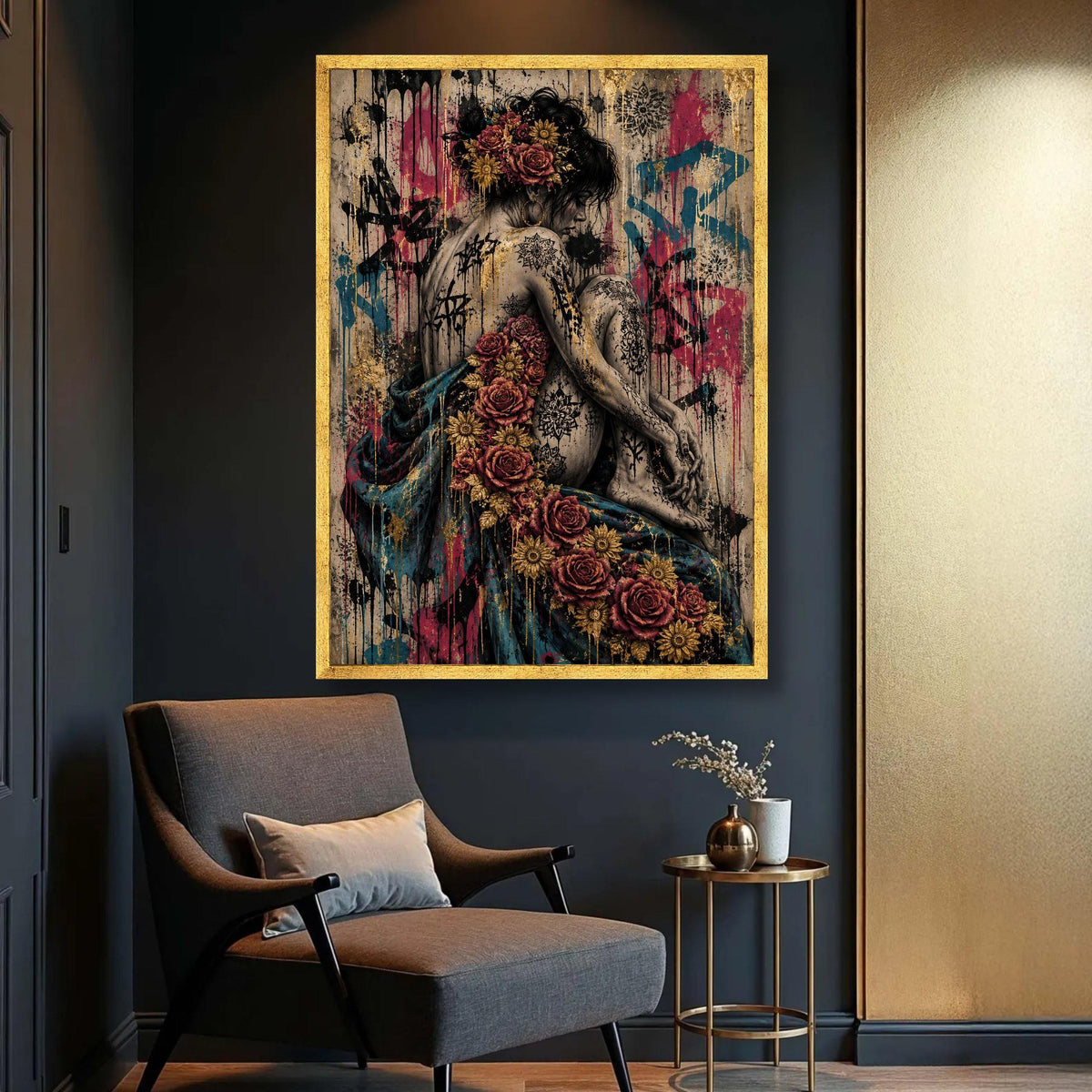 Floral Tattooed Woman Canvas, Moody Portrait Wall Art, Artistic Female Figure Canvas, Urban Graffiti Style Decoration Luxury Home Decor