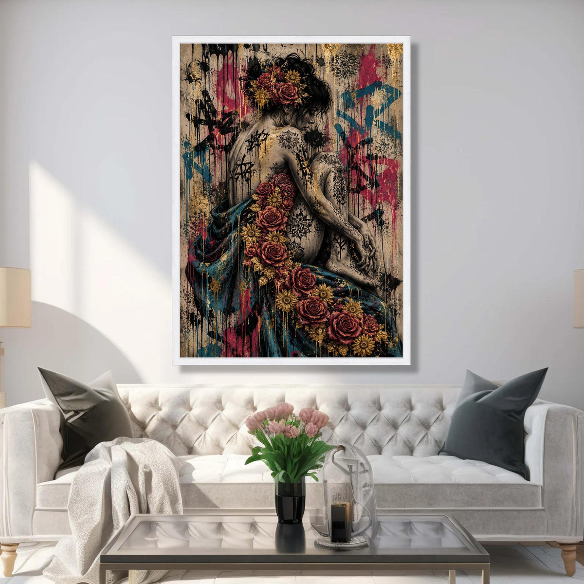 Floral Tattooed Woman Canvas, Moody Portrait Wall Art, Artistic Female Figure Canvas, Urban Graffiti Style Decoration Luxury Home Decor