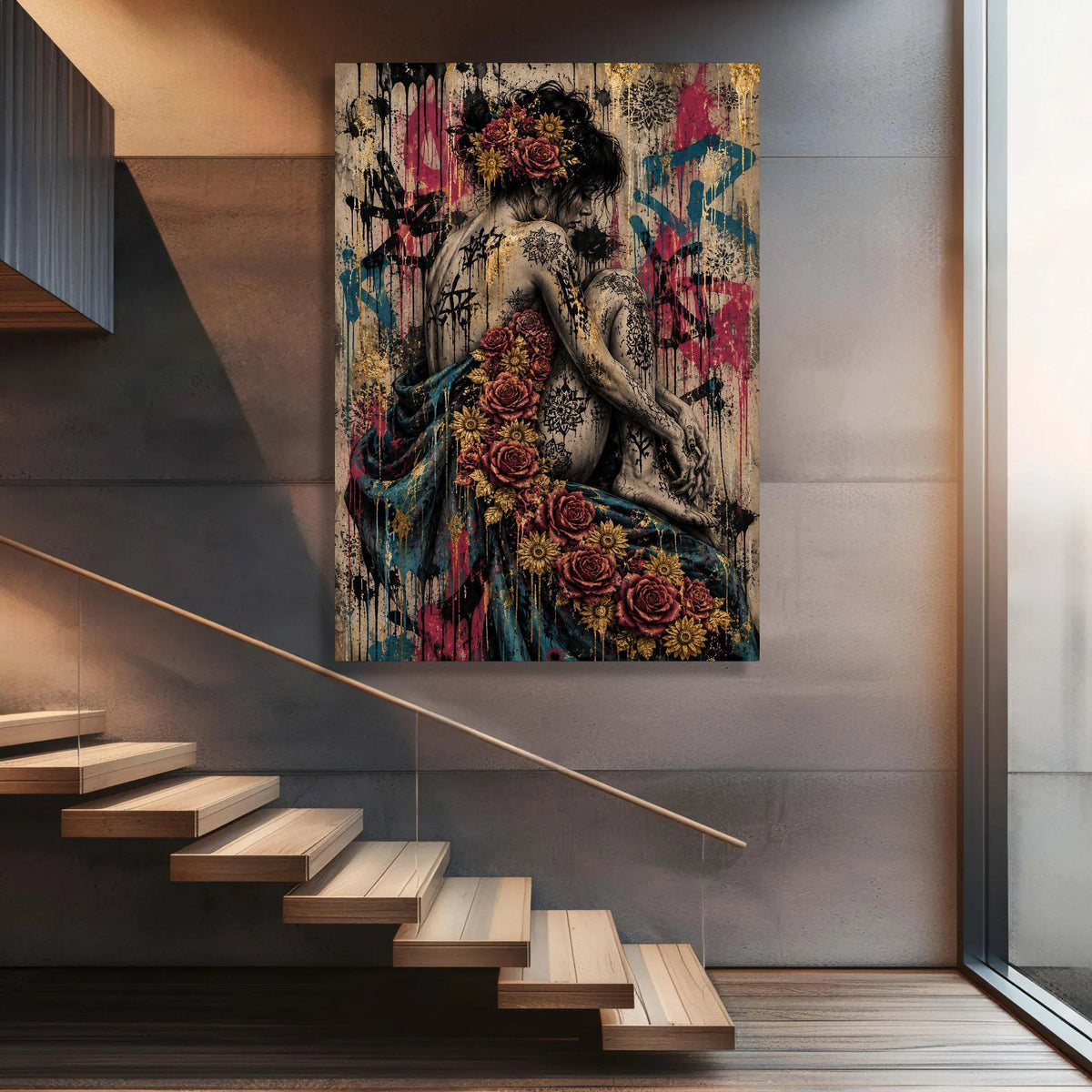 Floral Tattooed Woman Canvas, Moody Portrait Wall Art, Artistic Female Figure Canvas, Urban Graffiti Style Decoration Luxury Home Decor
