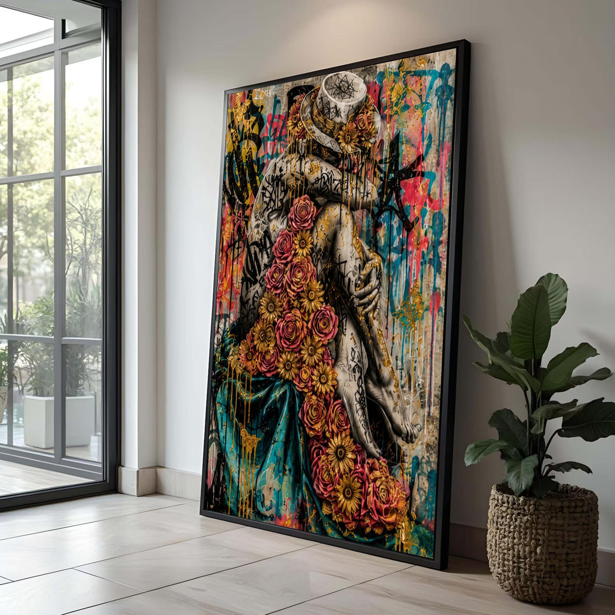 Urban Floral Embrace Canvas, Graffiti Art Figure, Golden Roses Wall Art, Modern Street Art Canvas, Decorative Home Wall Luxury Home Decor