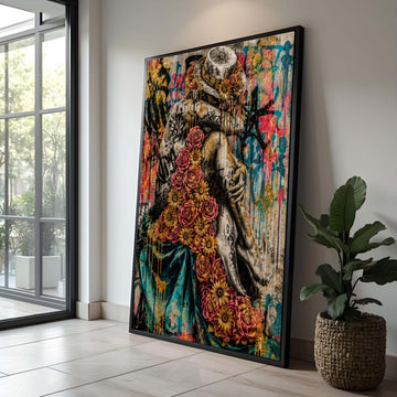 Urban Floral Embrace Canvas, Graffiti Art Figure, Golden Roses Wall Art, Modern Street Art Canvas, Decorative Home Wall Luxury Home Decor