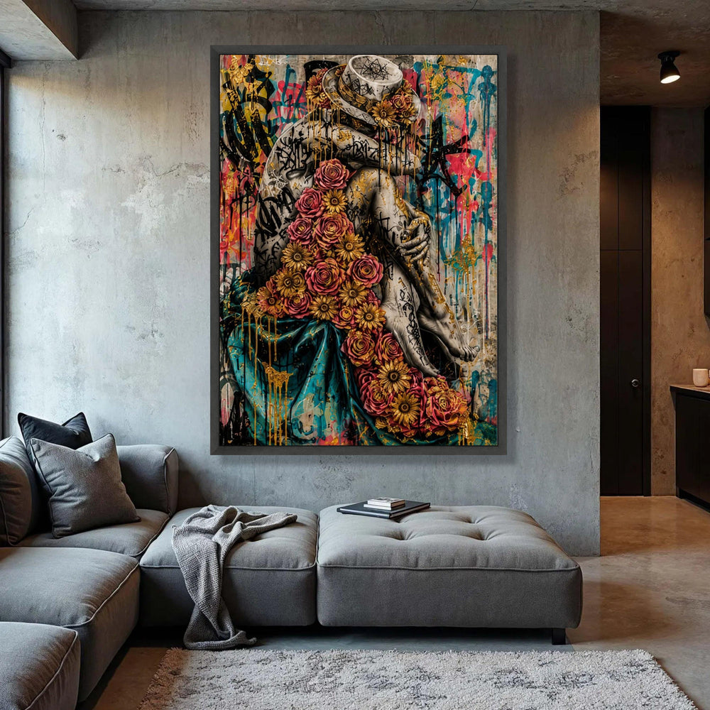 Urban Floral Embrace Canvas, Graffiti Art Figure, Golden Roses Wall Art, Modern Street Art Canvas, Decorative Home Wall Luxury Home Decor