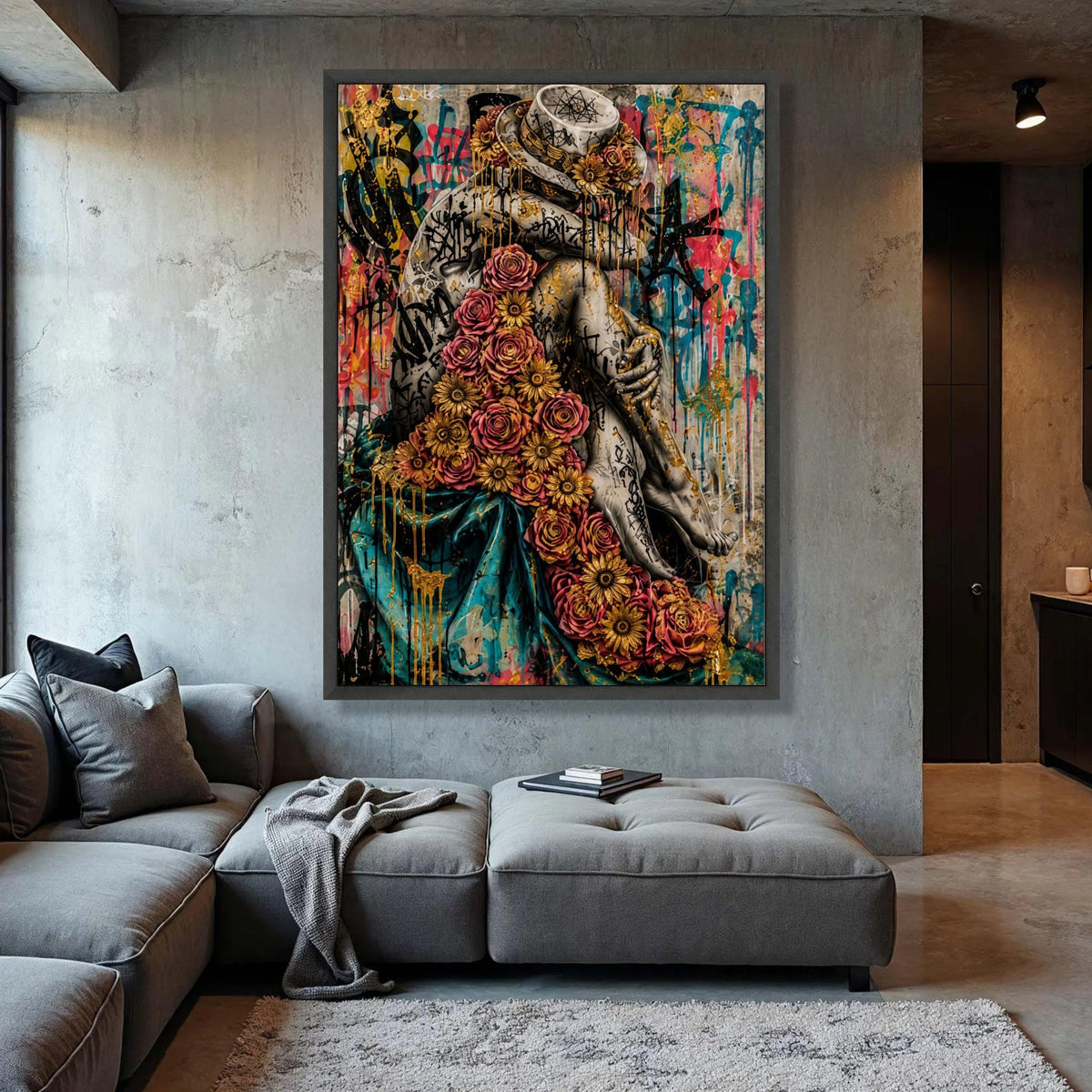 Urban Floral Embrace Canvas, Graffiti Art Figure, Golden Roses Wall Art, Modern Street Art Canvas, Decorative Home Wall Luxury Home Decor