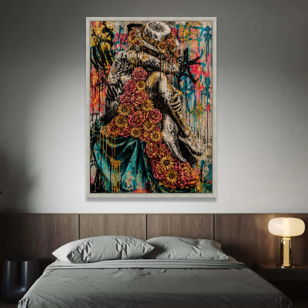 Urban Floral Embrace Canvas, Graffiti Art Figure, Golden Roses Wall Art, Modern Street Art Canvas, Decorative Home Wall Luxury Home Decor
