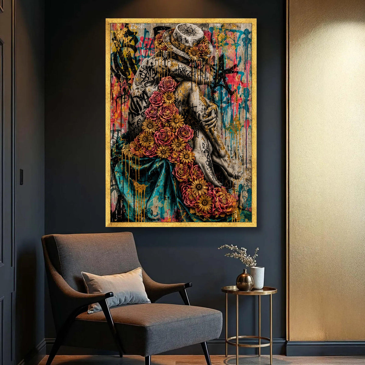 Urban Floral Embrace Canvas, Graffiti Art Figure, Golden Roses Wall Art, Modern Street Art Canvas, Decorative Home Wall Luxury Home Decor