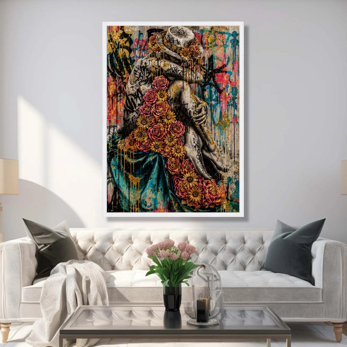 Urban Floral Embrace Canvas, Graffiti Art Figure, Golden Roses Wall Art, Modern Street Art Canvas, Decorative Home Wall Luxury Home Decor
