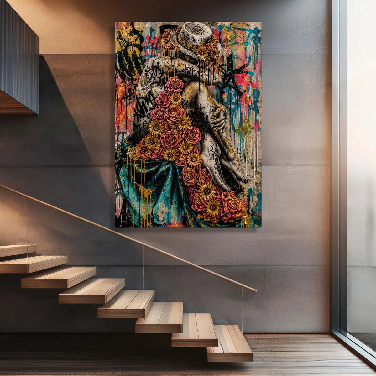 Urban Floral Embrace Canvas, Graffiti Art Figure, Golden Roses Wall Art, Modern Street Art Canvas, Decorative Home Wall Luxury Home Decor