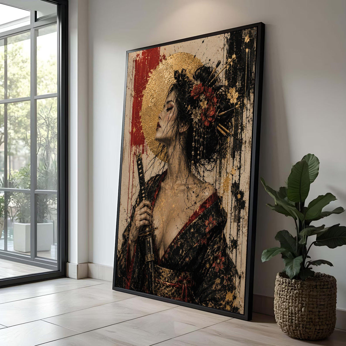 Elegant Geisha Woman Canvas Wall Art, Samurai Sword Portrait, Asian Floral Kimono Decor, Gold Accent Japanese Art, Modern Luxury Home Decor