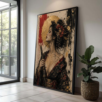 Elegant Geisha Woman Canvas Wall Art, Samurai Sword Portrait, Asian Floral Kimono Decor, Gold Accent Japanese Art, Modern Luxury Home Decor