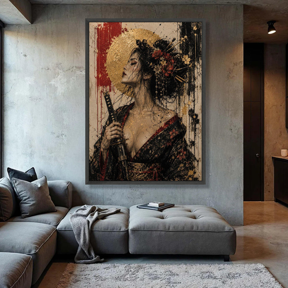 Elegant Geisha Woman Canvas Wall Art, Samurai Sword Portrait, Asian Floral Kimono Decor, Gold Accent Japanese Art, Modern Luxury Home Decor