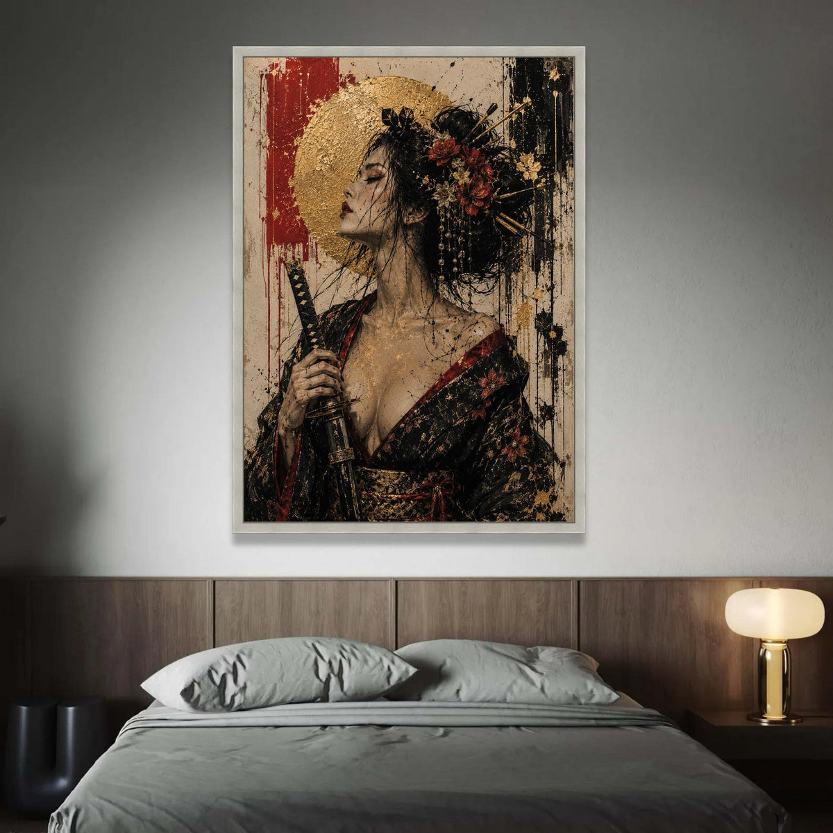 Elegant Geisha Woman Canvas Wall Art, Samurai Sword Portrait, Asian Floral Kimono Decor, Gold Accent Japanese Art, Modern Luxury Home Decor