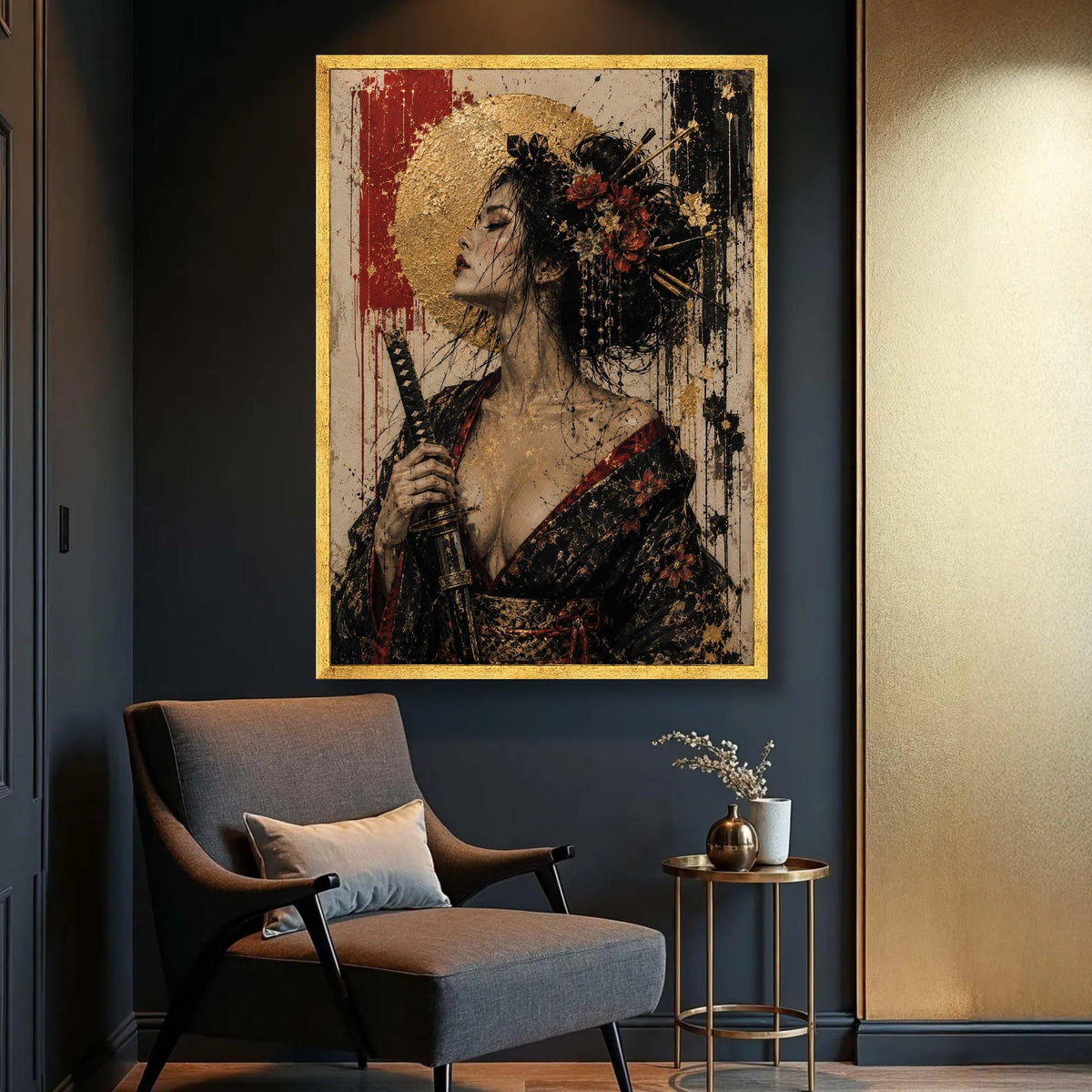 Elegant Geisha Woman Canvas Wall Art, Samurai Sword Portrait, Asian Floral Kimono Decor, Gold Accent Japanese Art, Modern Luxury Home Decor