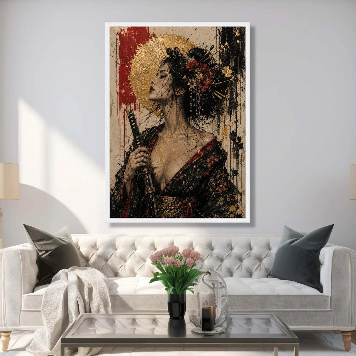 Elegant Geisha Woman Canvas Wall Art, Samurai Sword Portrait, Asian Floral Kimono Decor, Gold Accent Japanese Art, Modern Luxury Home Decor
