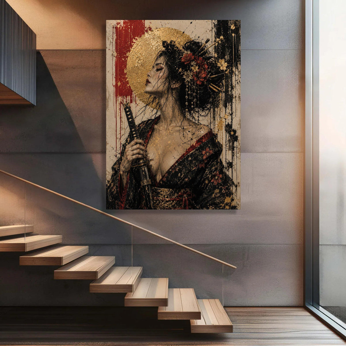 Elegant Geisha Woman Canvas Wall Art, Samurai Sword Portrait, Asian Floral Kimono Decor, Gold Accent Japanese Art, Modern Luxury Home Decor