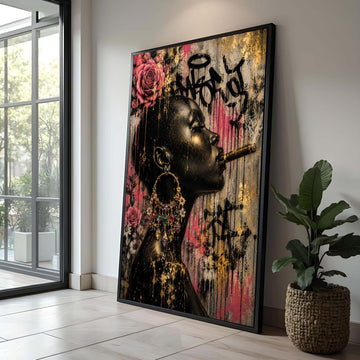 Bold Black Woman Profile Canvas, Urban Floral Graffiti Art, Large Statement Wall Art, Contemporary Home Decoration Luxury Home Decor