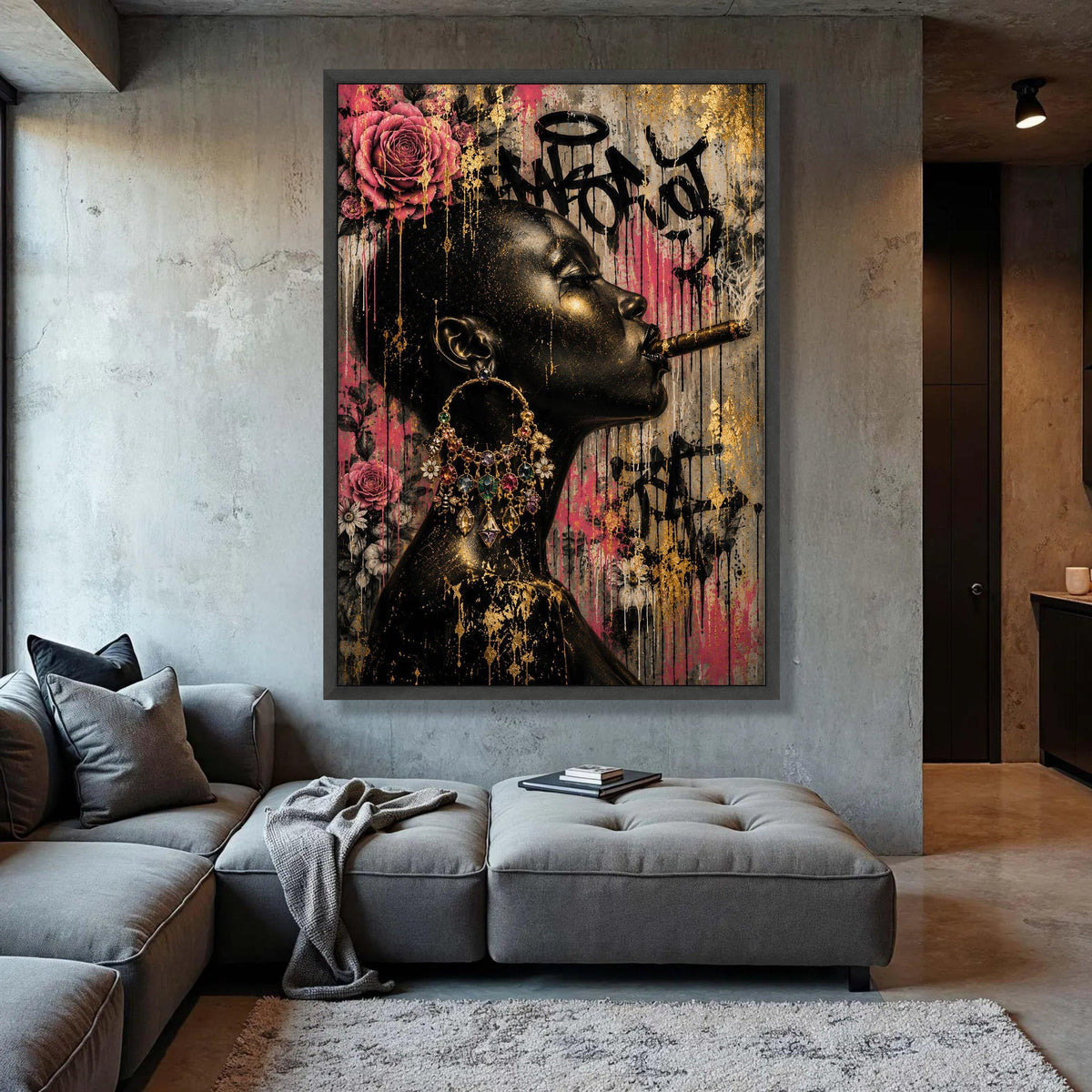 Bold Black Woman Profile Canvas, Urban Floral Graffiti Art, Large Statement Wall Art, Contemporary Home Decoration Luxury Home Decor