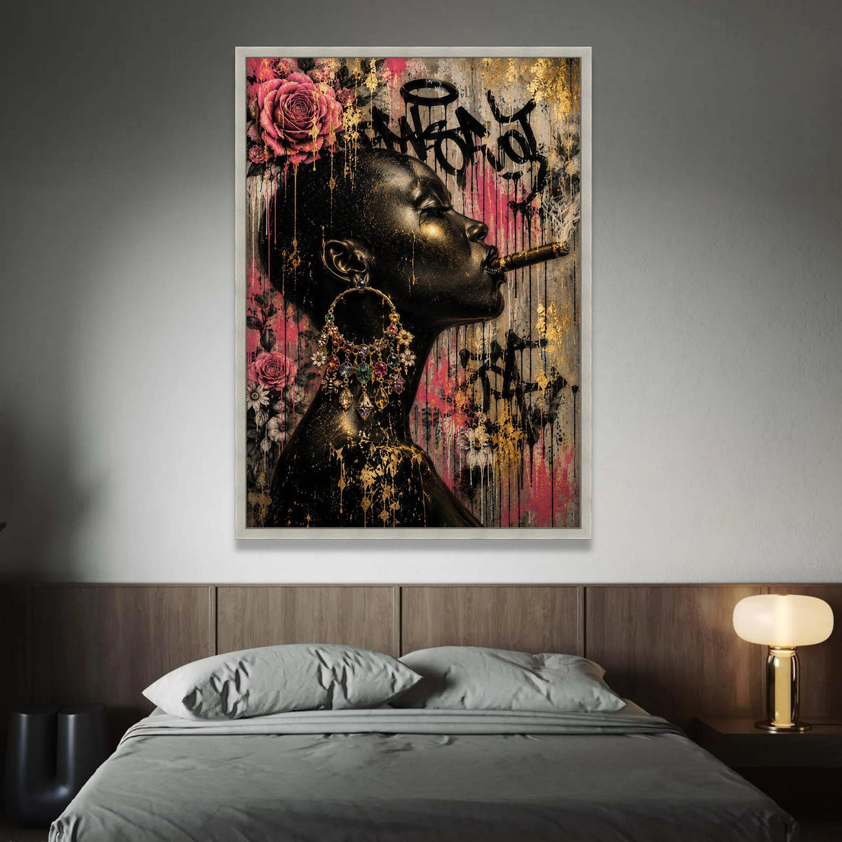 Bold Black Woman Profile Canvas, Urban Floral Graffiti Art, Large Statement Wall Art, Contemporary Home Decoration Luxury Home Decor