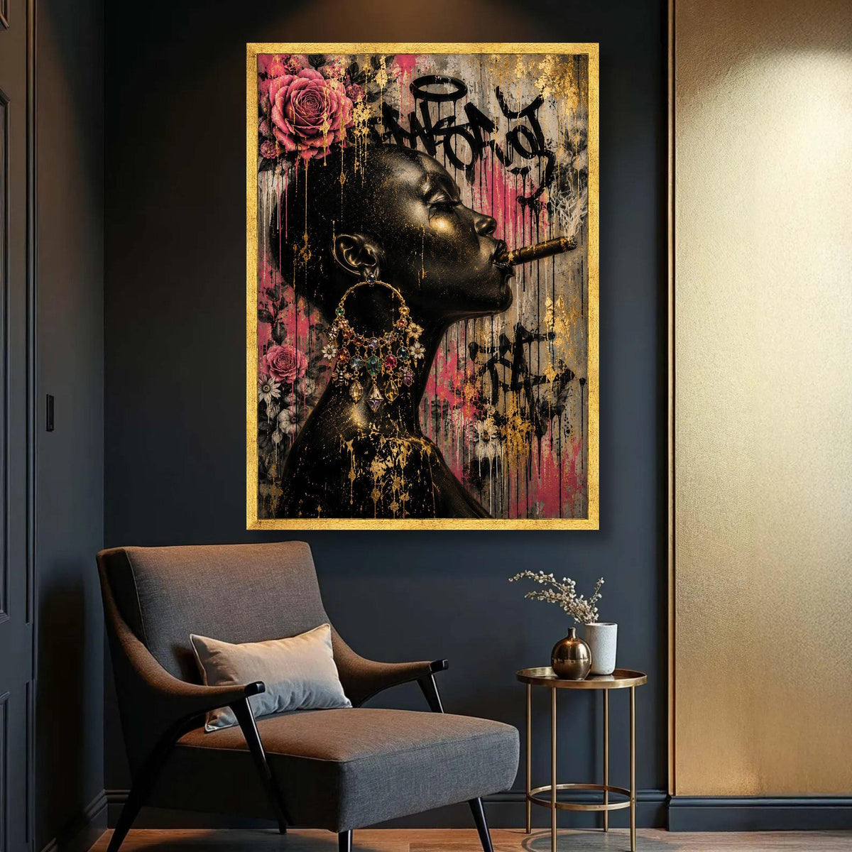 Bold Black Woman Profile Canvas, Urban Floral Graffiti Art, Large Statement Wall Art, Contemporary Home Decoration Luxury Home Decor