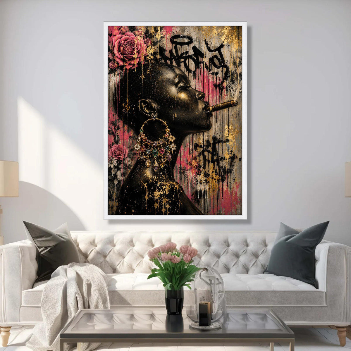 Bold Black Woman Profile Canvas, Urban Floral Graffiti Art, Large Statement Wall Art, Contemporary Home Decoration Luxury Home Decor