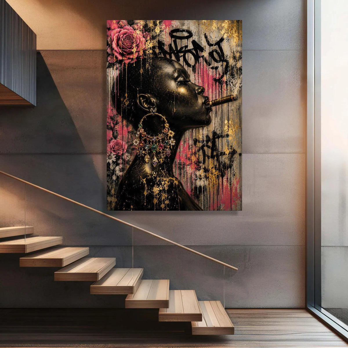 Bold Black Woman Profile Canvas, Urban Floral Graffiti Art, Large Statement Wall Art, Contemporary Home Decoration Luxury Home Decor
