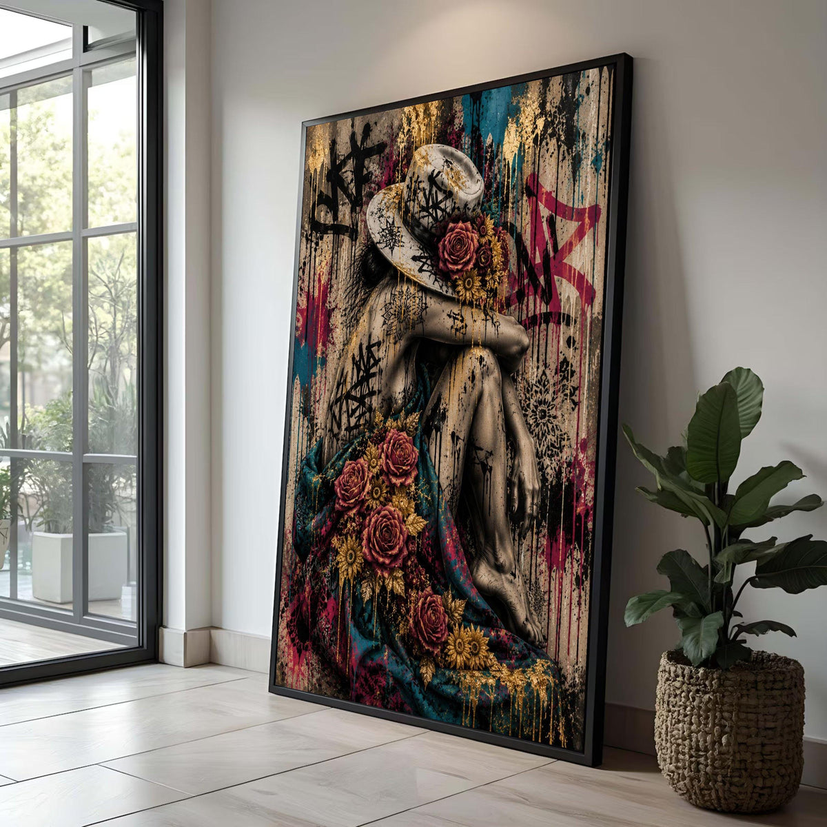 Woman with Floral Hat and Graffiti, Urban Art Canvas, Contemporary Wall Decor, Modern Female Portrait Canvas, Bold Street Luxury Home Decor