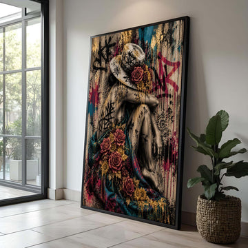 Woman with Floral Hat and Graffiti, Urban Art Canvas, Contemporary Wall Decor, Modern Female Portrait Canvas, Bold Street Luxury Home Decor