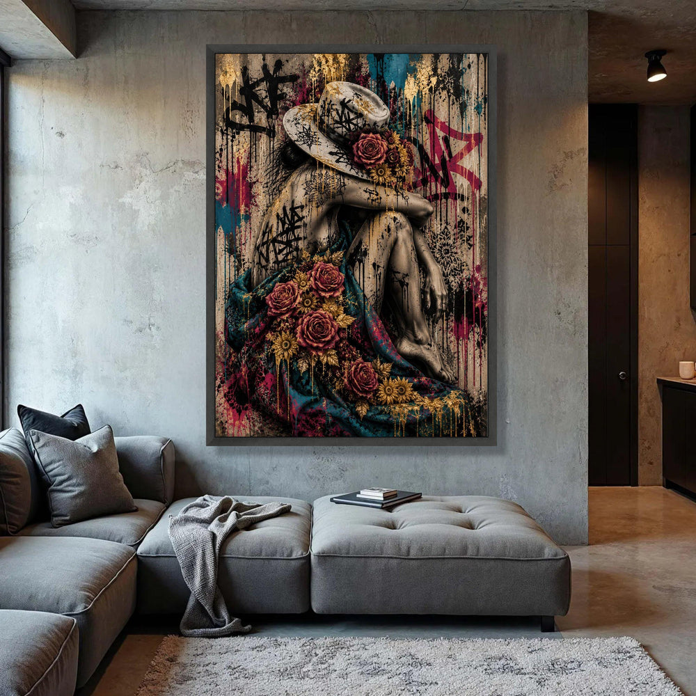 Woman with Floral Hat and Graffiti, Urban Art Canvas, Contemporary Wall Decor, Modern Female Portrait Canvas, Bold Street Luxury Home Decor