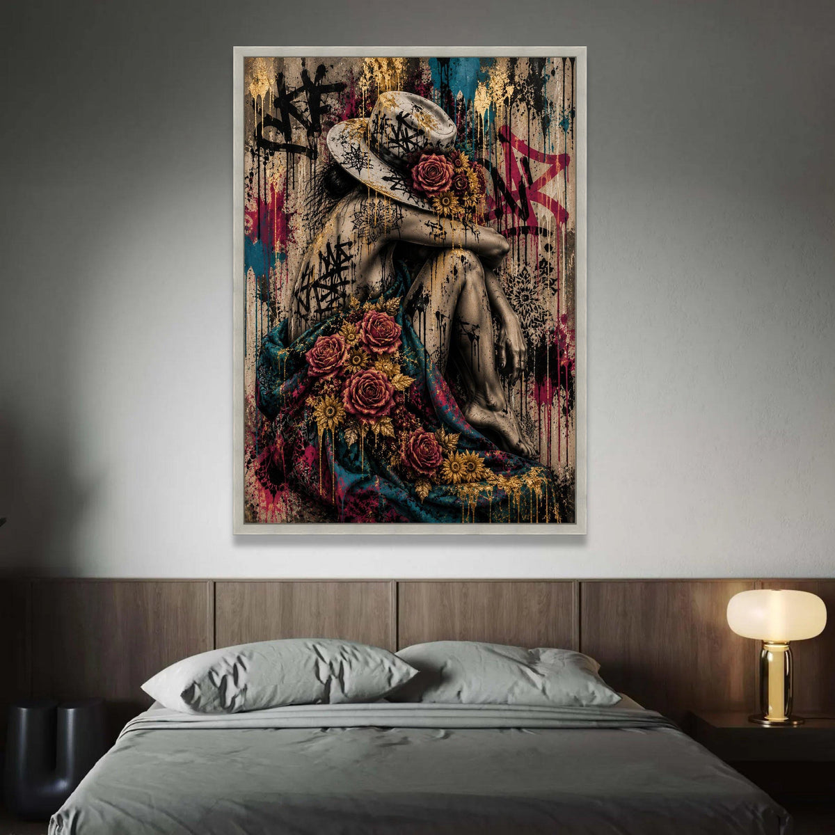 Woman with Floral Hat and Graffiti, Urban Art Canvas, Contemporary Wall Decor, Modern Female Portrait Canvas, Bold Street Luxury Home Decor
