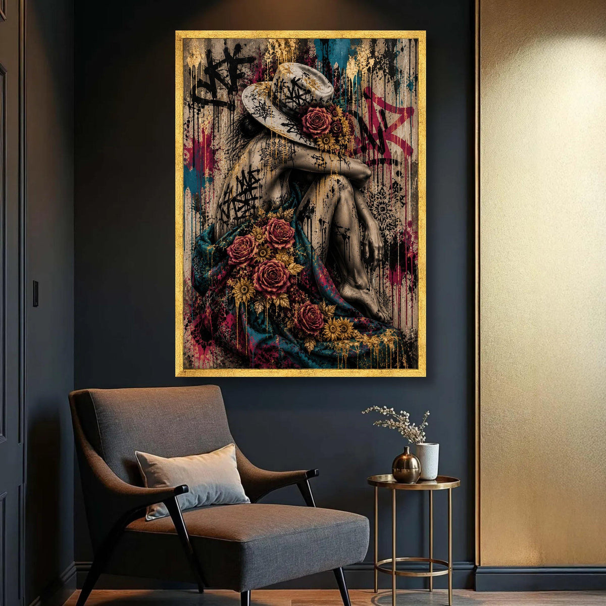 Woman with Floral Hat and Graffiti, Urban Art Canvas, Contemporary Wall Decor, Modern Female Portrait Canvas, Bold Street Luxury Home Decor