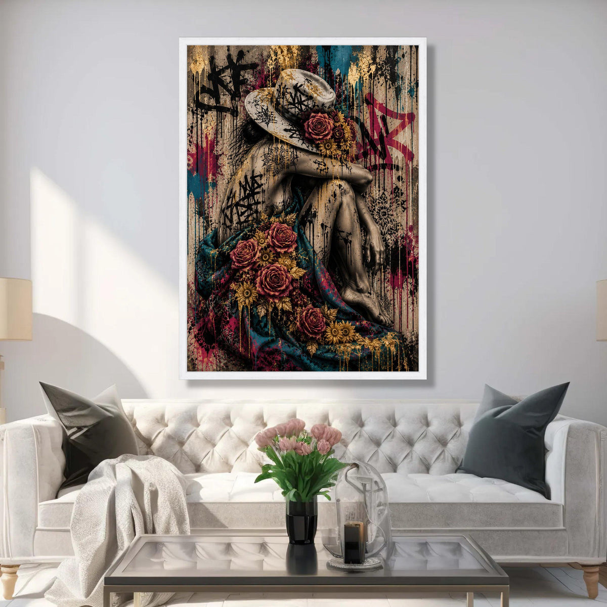 Woman with Floral Hat and Graffiti, Urban Art Canvas, Contemporary Wall Decor, Modern Female Portrait Canvas, Bold Street Luxury Home Decor