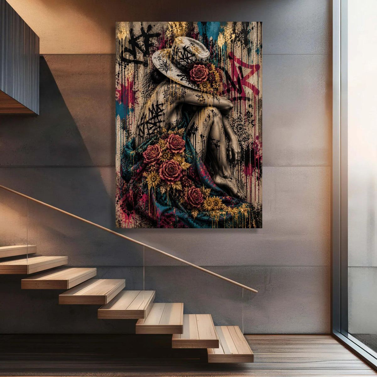 Woman with Floral Hat and Graffiti, Urban Art Canvas, Contemporary Wall Decor, Modern Female Portrait Canvas, Bold Street Luxury Home Decor