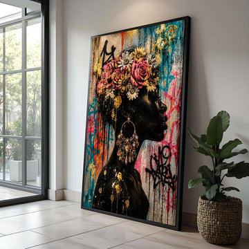 Elegant Black Woman Profile Canvas, Floral Crown Wall Art, Colorful Urban Graffiti Canvas, Gold Accent Portrait Canvas, Luxury Home Decor