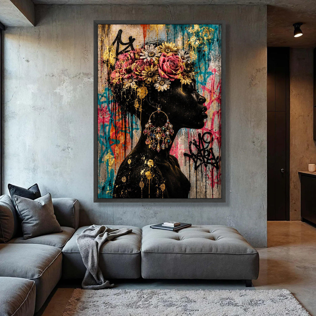 Elegant Black Woman Profile Canvas, Floral Crown Wall Art, Colorful Urban Graffiti Canvas, Gold Accent Portrait Canvas, Luxury Home Decor