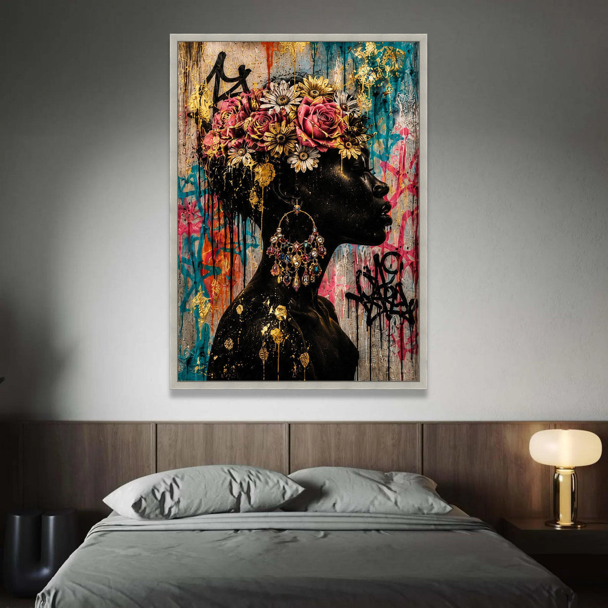 Elegant Black Woman Profile Canvas, Floral Crown Wall Art, Colorful Urban Graffiti Canvas, Gold Accent Portrait Canvas, Luxury Home Decor