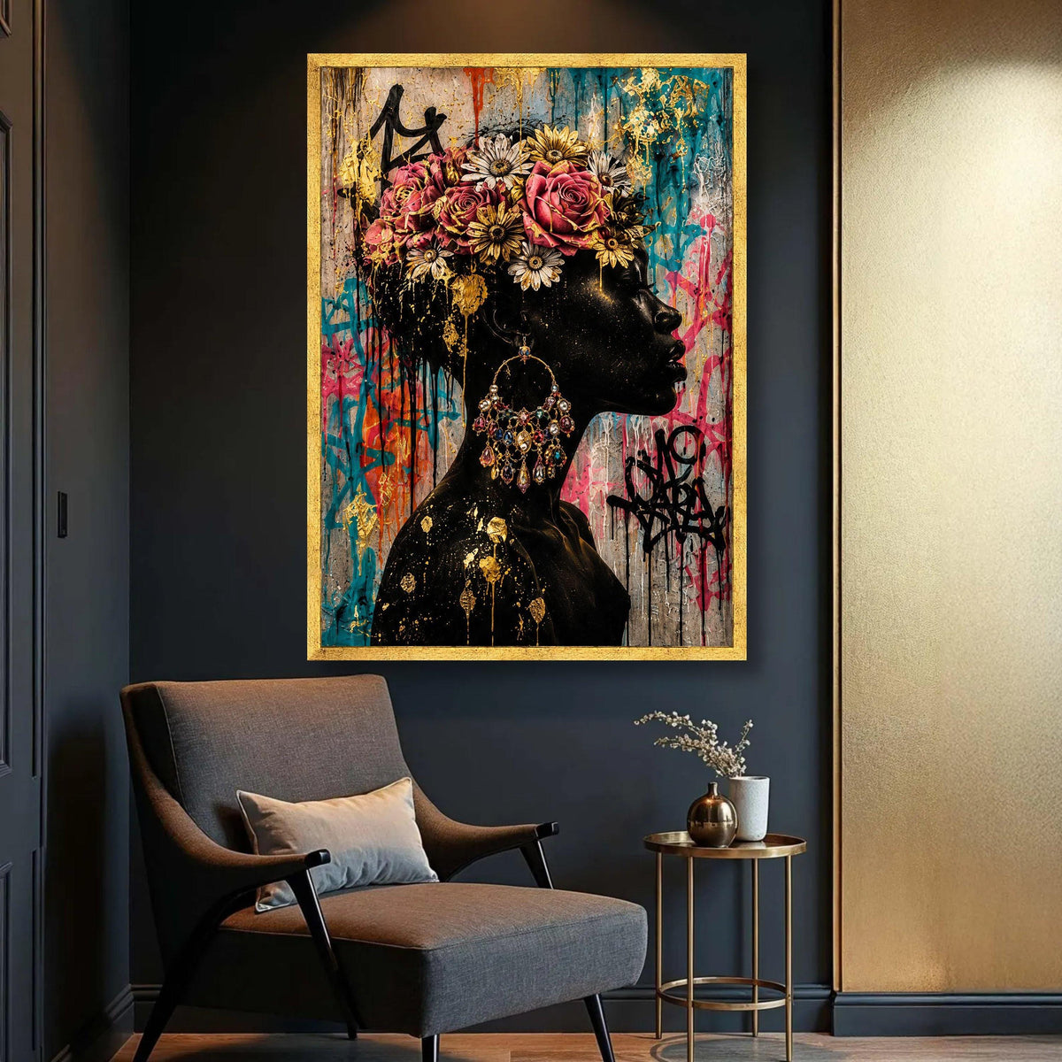 Elegant Black Woman Profile Canvas, Floral Crown Wall Art, Colorful Urban Graffiti Canvas, Gold Accent Portrait Canvas, Luxury Home Decor