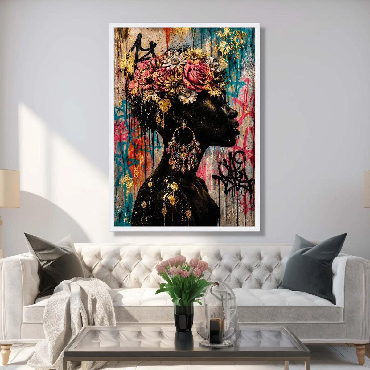 Elegant Black Woman Profile Canvas, Floral Crown Wall Art, Colorful Urban Graffiti Canvas, Gold Accent Portrait Canvas, Luxury Home Decor