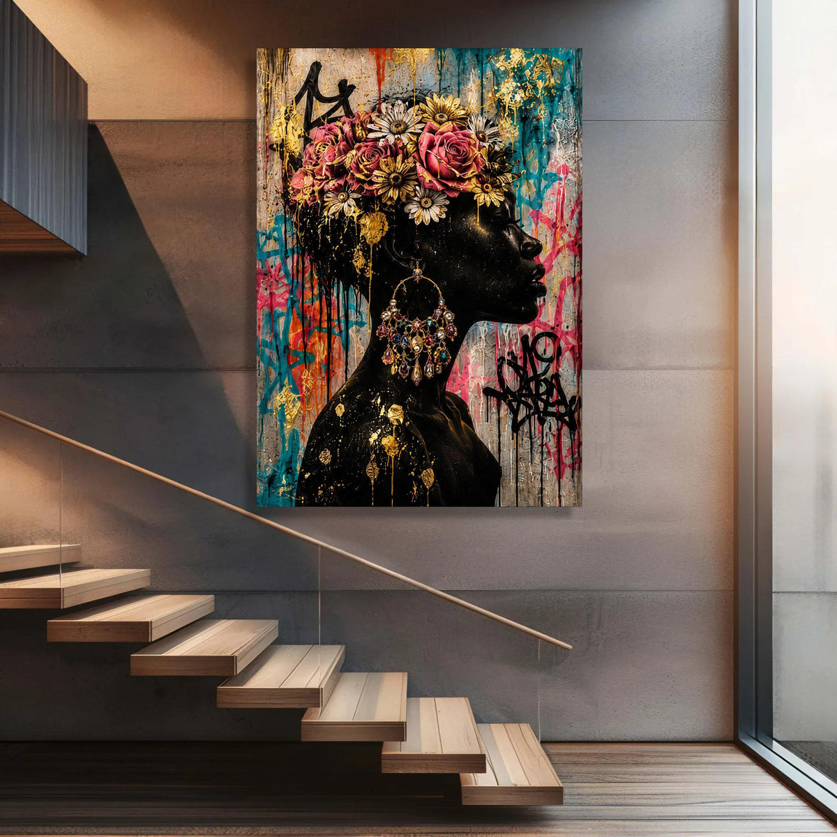 Elegant Black Woman Profile Canvas, Floral Crown Wall Art, Colorful Urban Graffiti Canvas, Gold Accent Portrait Canvas, Luxury Home Decor