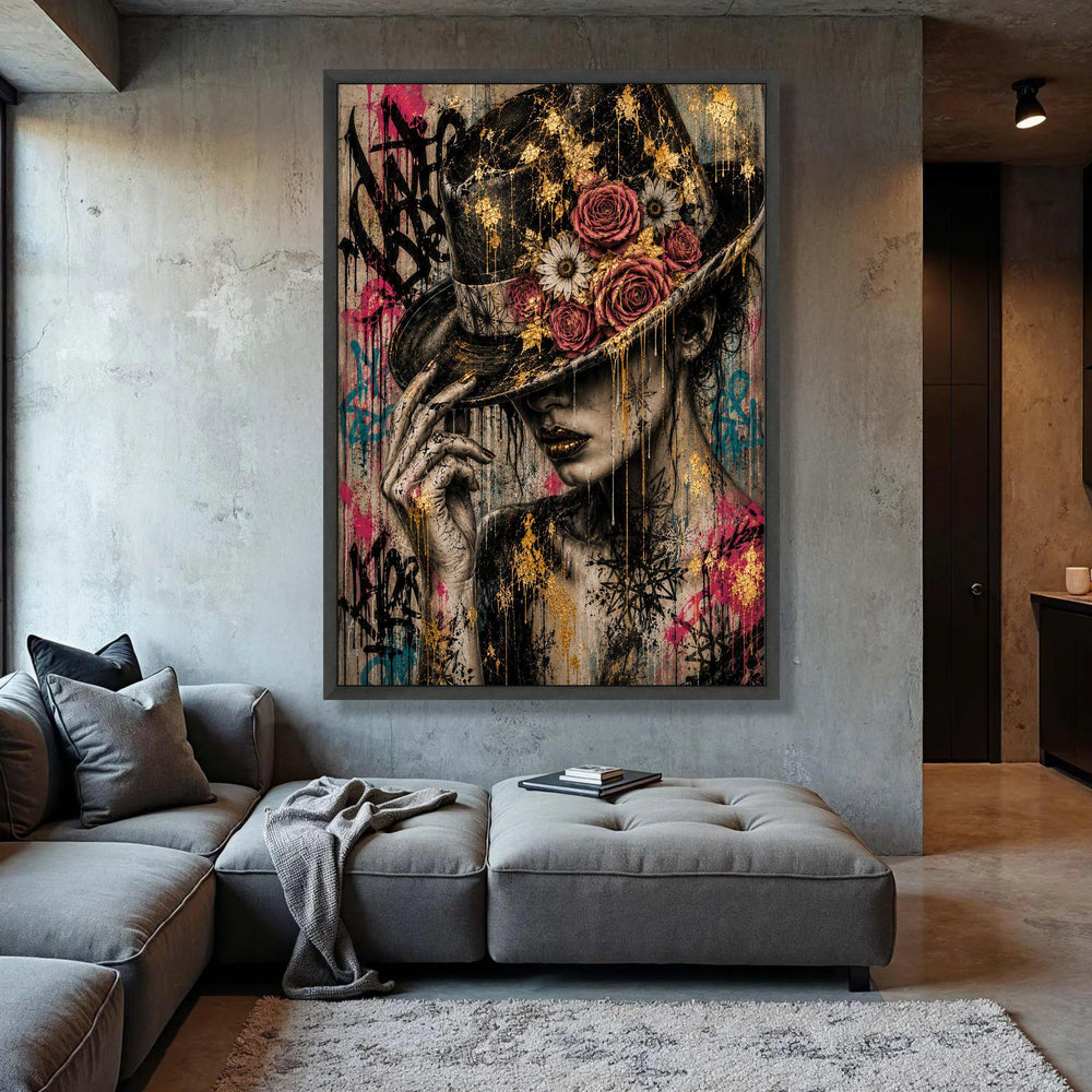 Elegant Woman with Floral Hat, Urban Graffiti Canvas, Contemporary Portrait Wall Art, Stylish Female Canvas, Modern Home Luxury Home Decor