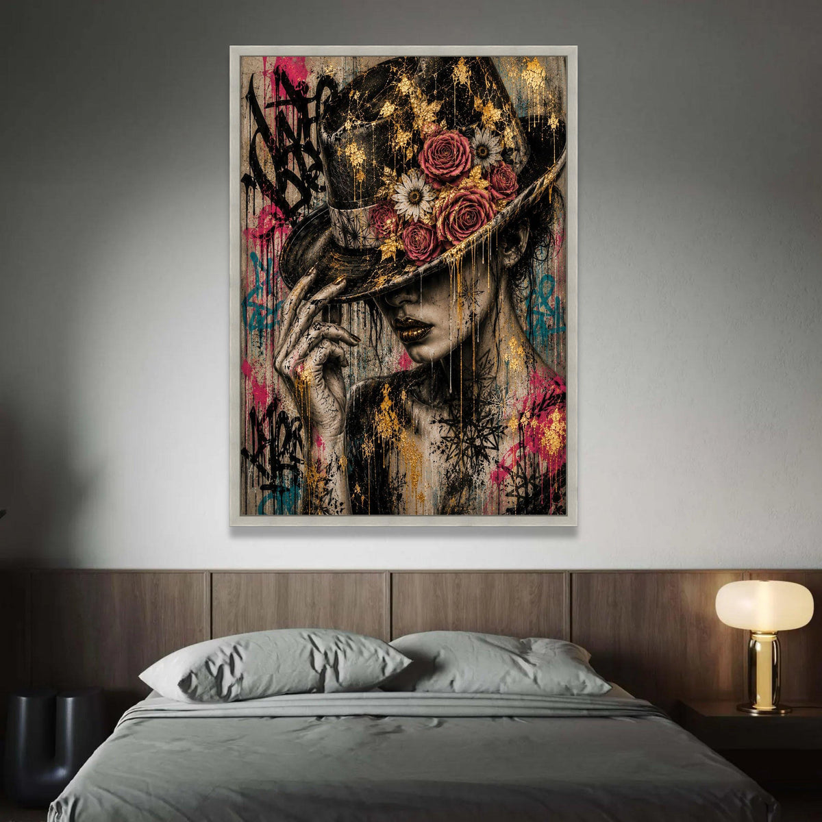 Elegant Woman with Floral Hat, Urban Graffiti Canvas, Contemporary Portrait Wall Art, Stylish Female Canvas, Modern Home Luxury Home Decor