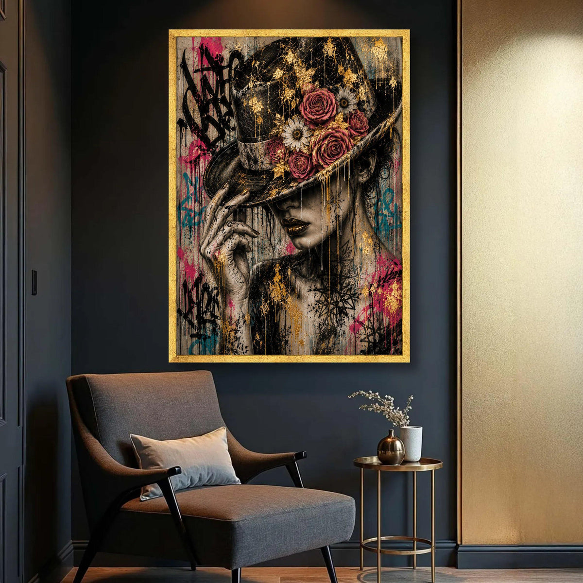 Elegant Woman with Floral Hat, Urban Graffiti Canvas, Contemporary Portrait Wall Art, Stylish Female Canvas, Modern Home Luxury Home Decor