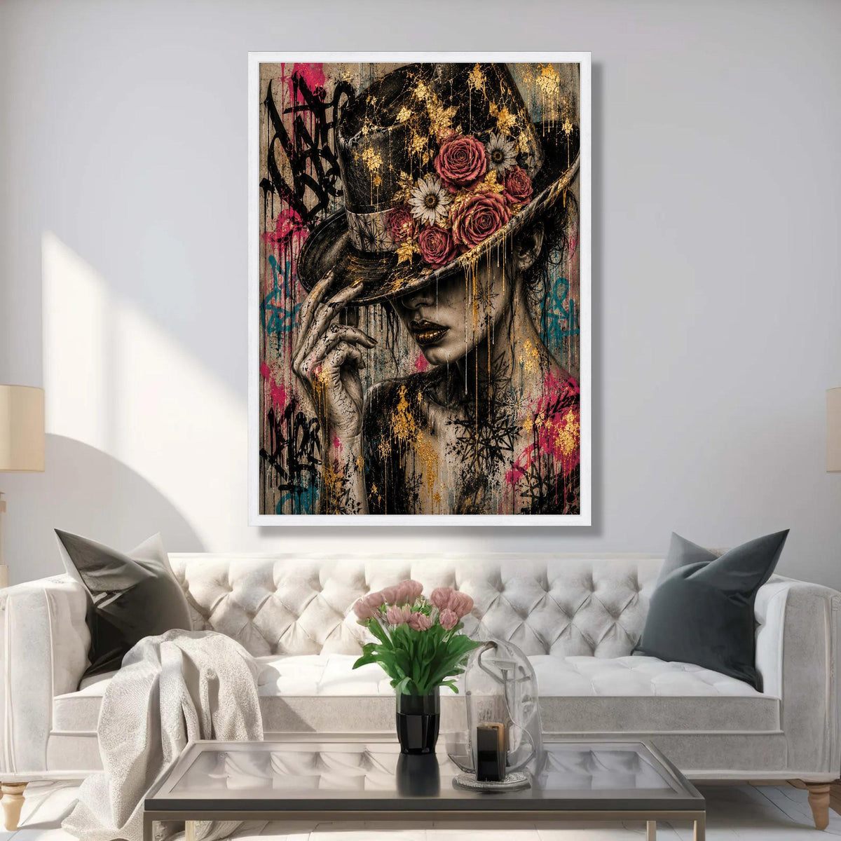 Elegant Woman with Floral Hat, Urban Graffiti Canvas, Contemporary Portrait Wall Art, Stylish Female Canvas, Modern Home Luxury Home Decor