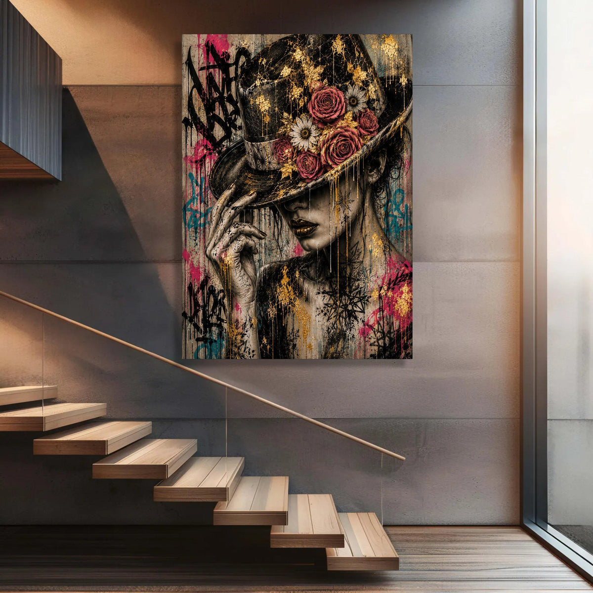 Elegant Woman with Floral Hat, Urban Graffiti Canvas, Contemporary Portrait Wall Art, Stylish Female Canvas, Modern Home Luxury Home Decor
