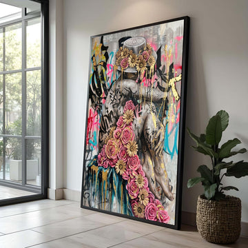 Floral Crowned Embrace, Street Art Canvas, Urban Graffiti Wall Art, Gold Accent Flowers, Contemporary Canvas Decor Luxury Home Decor
