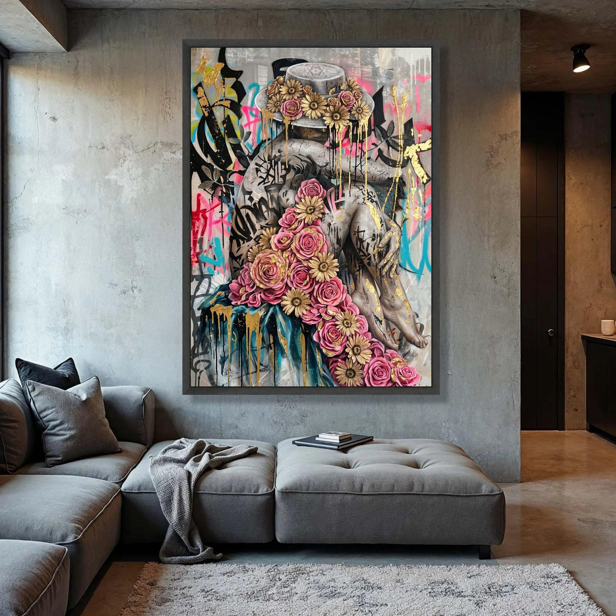 Floral Crowned Embrace, Street Art Canvas, Urban Graffiti Wall Art, Gold Accent Flowers, Contemporary Canvas Decor Luxury Home Decor