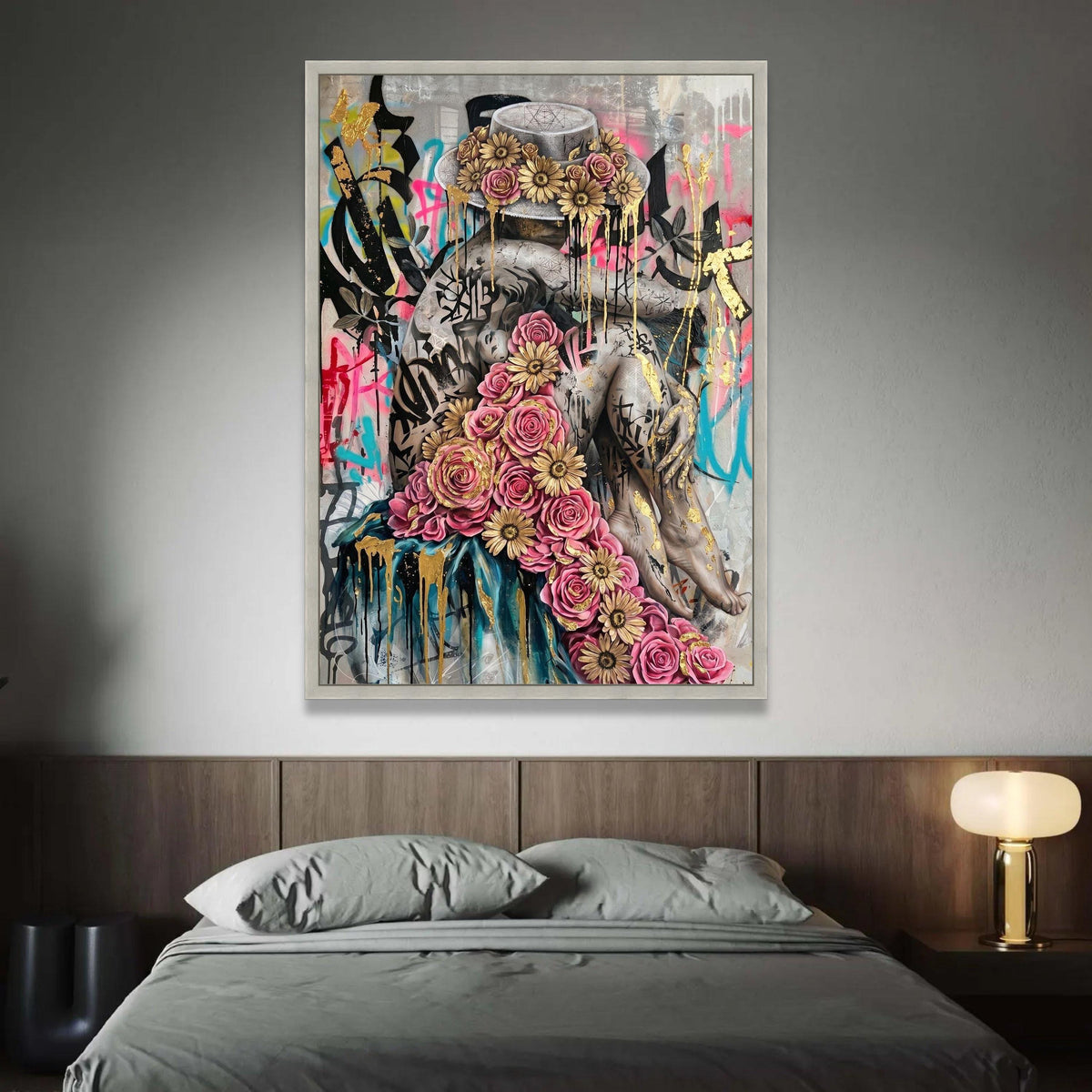 Floral Crowned Embrace, Street Art Canvas, Urban Graffiti Wall Art, Gold Accent Flowers, Contemporary Canvas Decor Luxury Home Decor