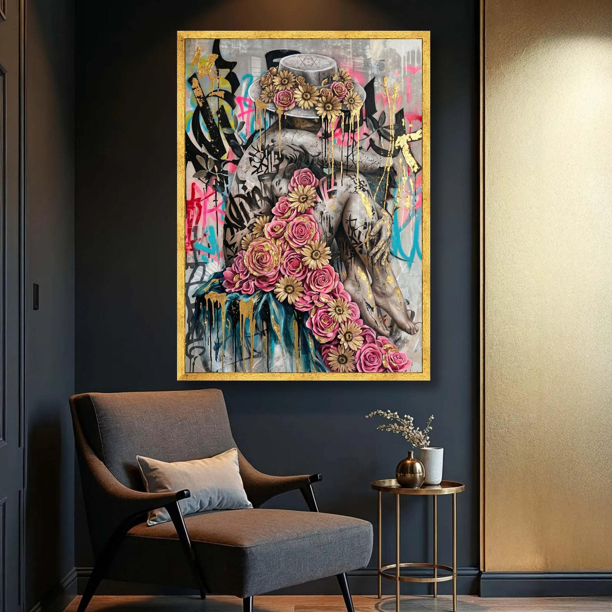 Floral Crowned Embrace, Street Art Canvas, Urban Graffiti Wall Art, Gold Accent Flowers, Contemporary Canvas Decor Luxury Home Decor