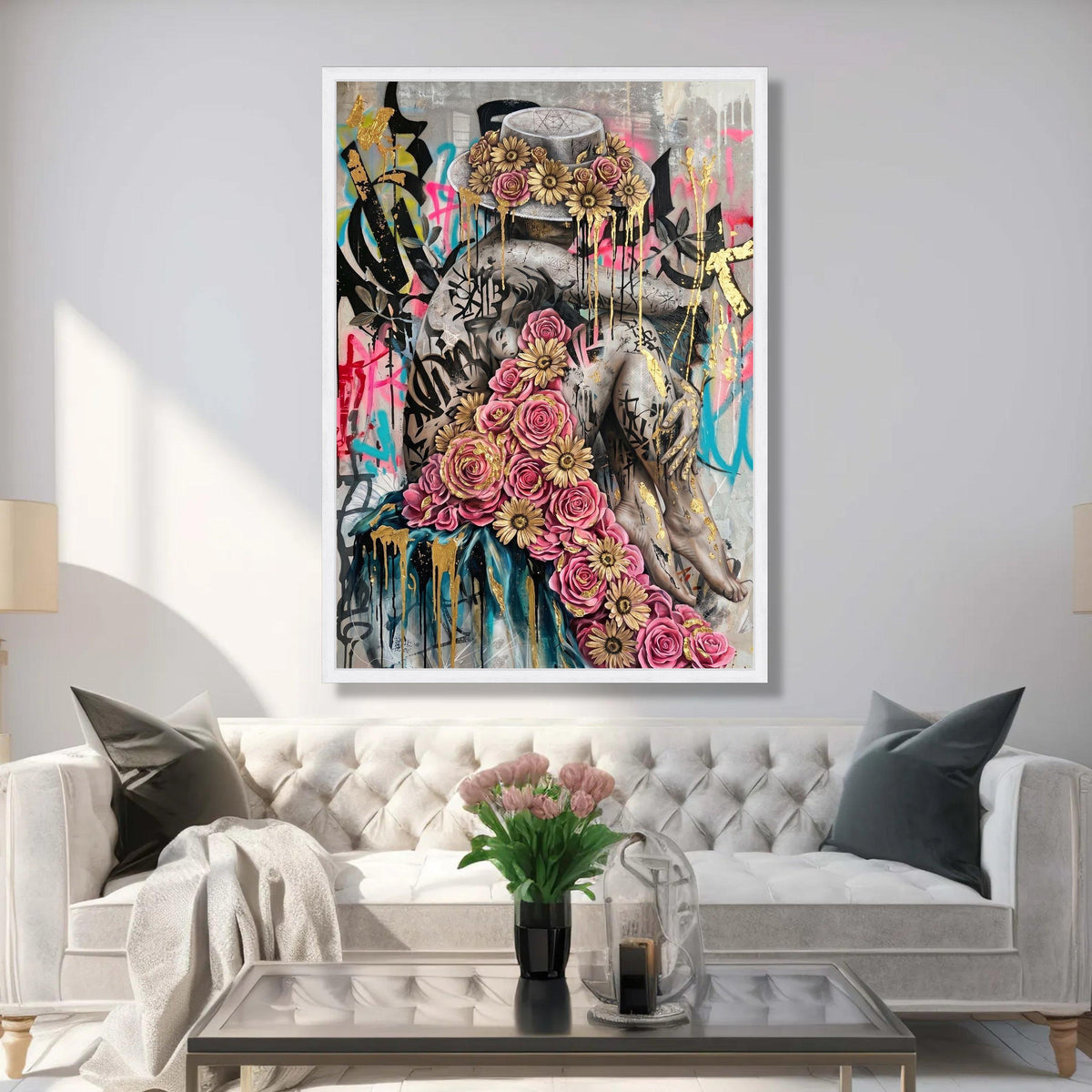 Floral Crowned Embrace, Street Art Canvas, Urban Graffiti Wall Art, Gold Accent Flowers, Contemporary Canvas Decor Luxury Home Decor