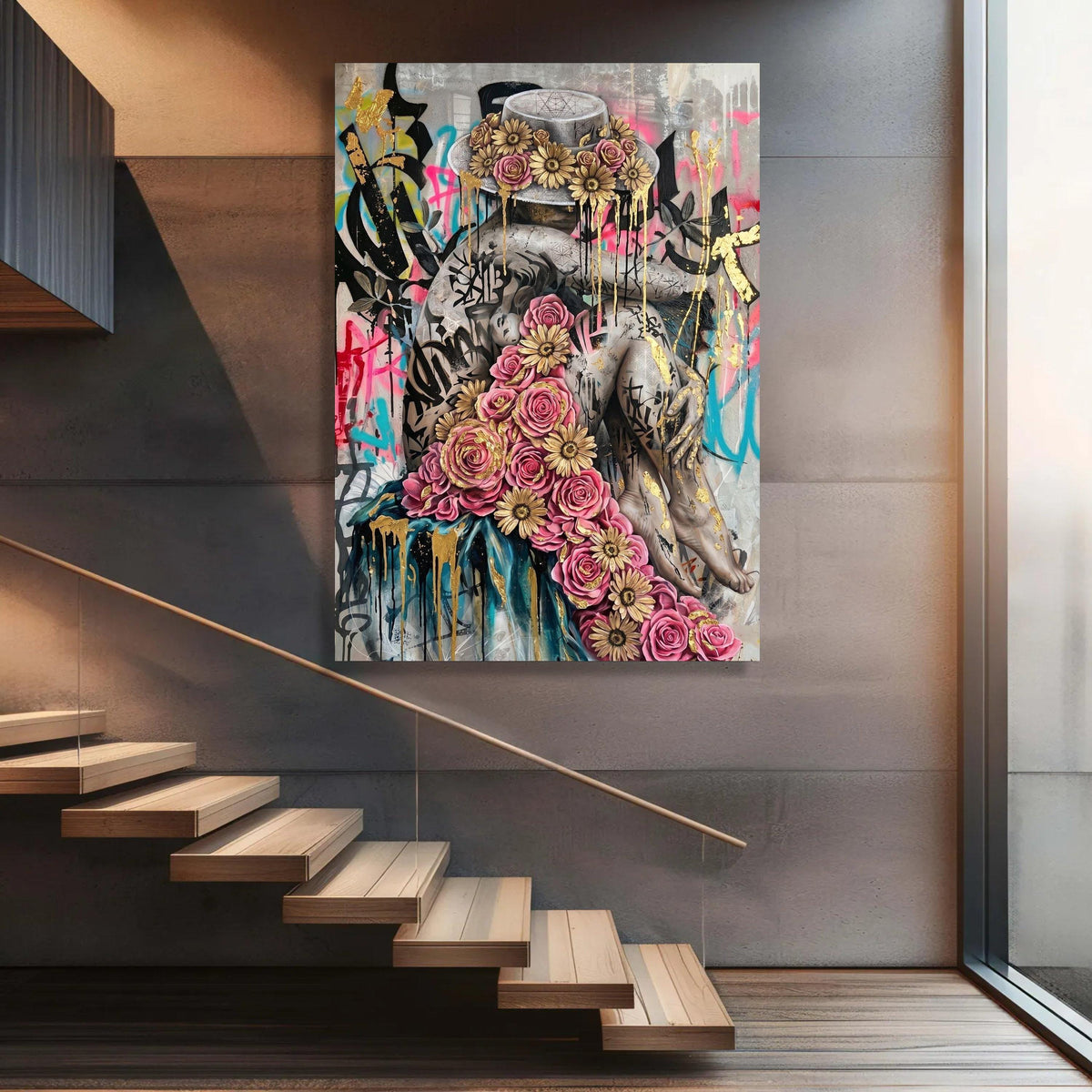 Floral Crowned Embrace, Street Art Canvas, Urban Graffiti Wall Art, Gold Accent Flowers, Contemporary Canvas Decor Luxury Home Decor