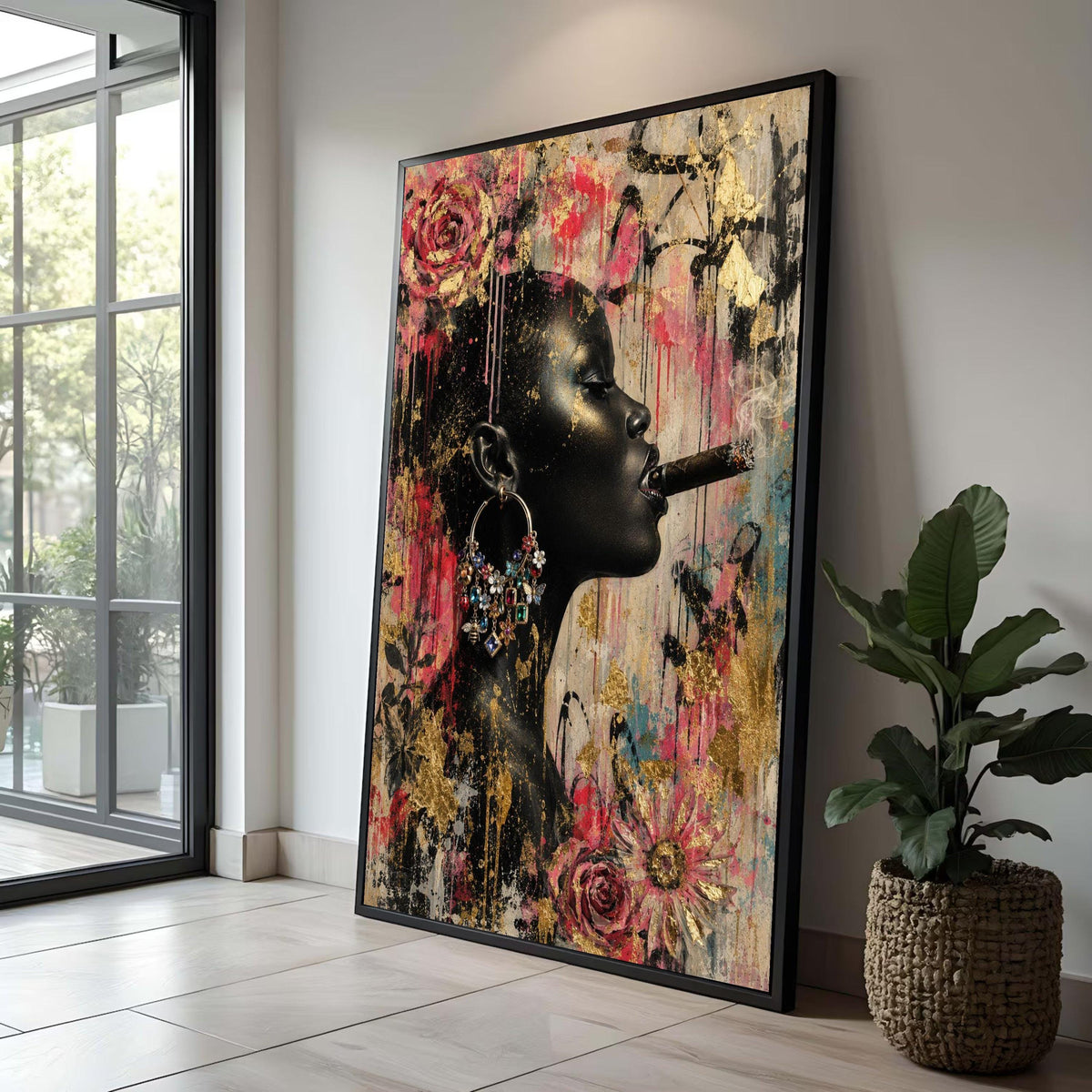 Elegant Black Woman Profile Canvas, Floral and Gold Leaf Wall Art, Modern Portrait Design, Vibrant Urban Style Canvas, Luxury Home Decor